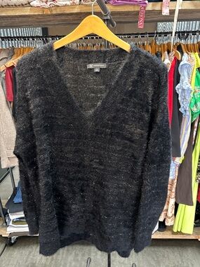 INC International Concepts Black V-Neck Fuzzy Sweater with Metallic Flecks